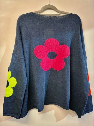 New navy blue multi coloured flower back one size fine knit jumper