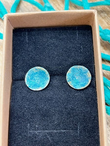Handmade Cornish sterling silver studs with blue & gold detailing