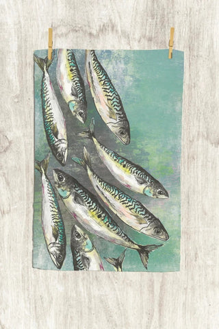 Green mackerel shoal tea towel handmade