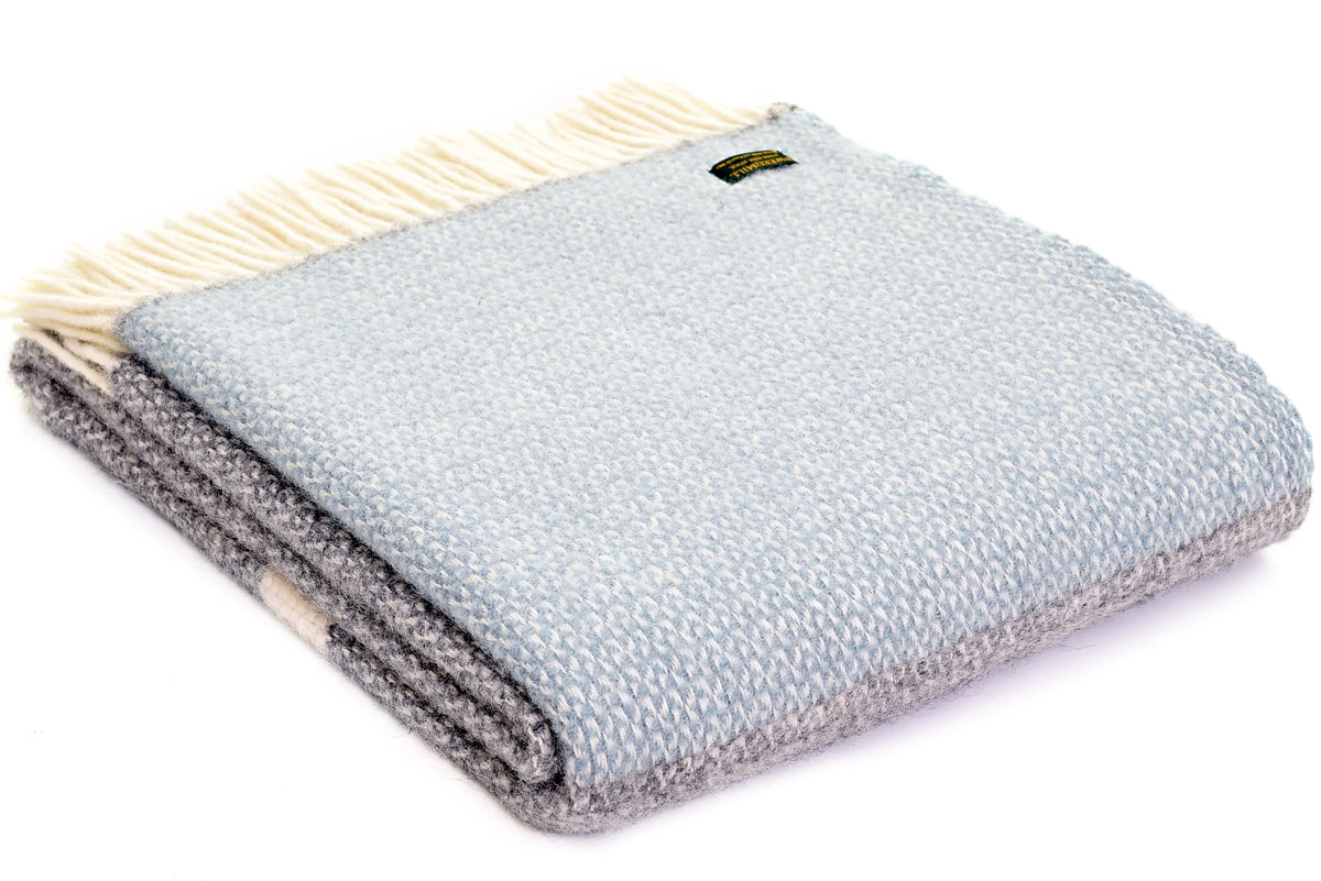 Tweedmill Illusion Grey with duck egg blue panel Wool Blanket