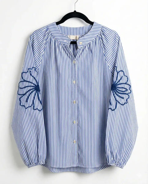 Striped shirt with embroidered sleeves @5901_ChRFleurs: Pale pink