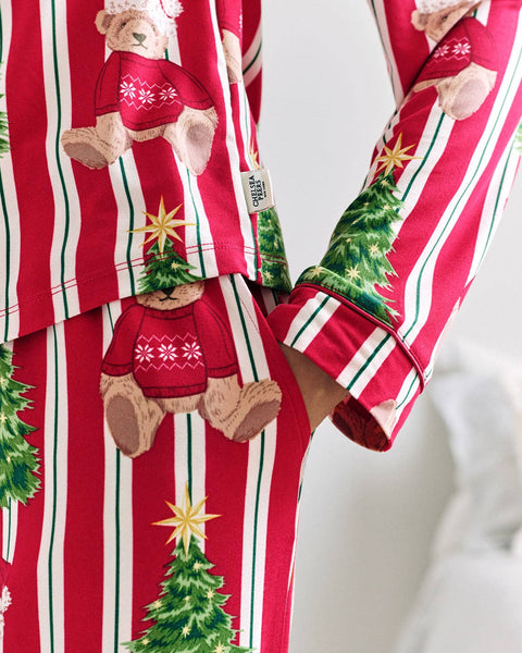 Christmas Teddy Bear Stripe Print Long Pyjama Set: UK 12