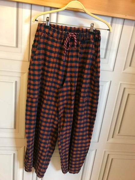 Burnt orange and navy gingham barrel trousers