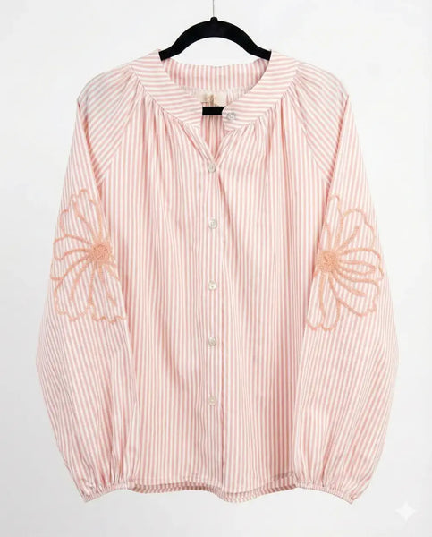 Striped shirt with embroidered sleeves @5901_ChRFleurs: Pale pink