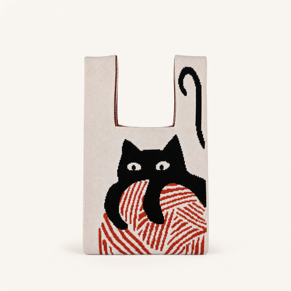 Cat Knitted Reusable Market Bag-Tote Bag-Giftable: Medium