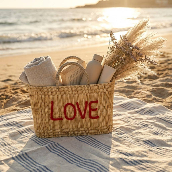 Custom Text Woven Reed Market Basket - Personalized Bag: Medium