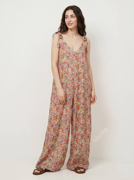 Floral Jumpsuit with Knotted Straps @1028_CbNoeudFleurs: White