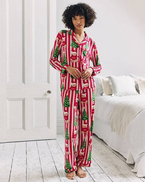 Christmas Teddy Bear Stripe Print Long Pyjama Set: UK 10