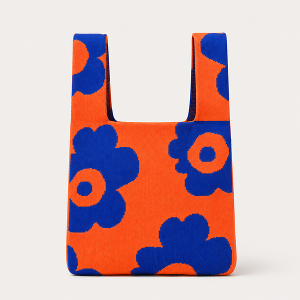 Bold Blooms Floral Knitted Reusable Market Bag-Tote Bag: Green / M