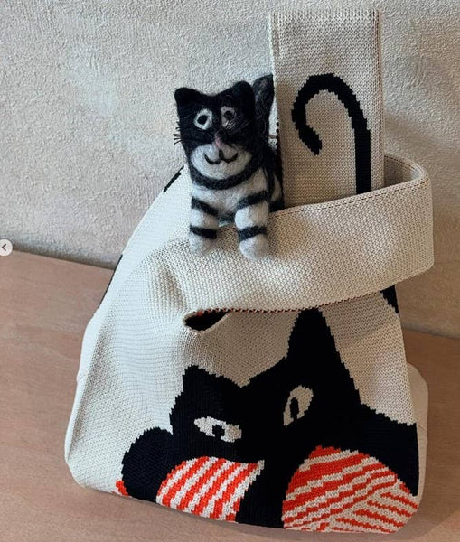 Cat Knitted Reusable Market Bag-Tote Bag-Giftable: Medium