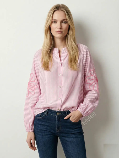 Striped shirt with embroidered sleeves @5901_ChRFleurs: Pale pink