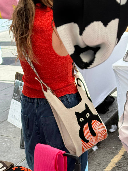 Cat Knitted Reusable Market Bag-Tote Bag-Giftable: Medium