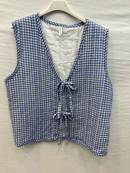 Quilted Vichy Tie Vest: Navy