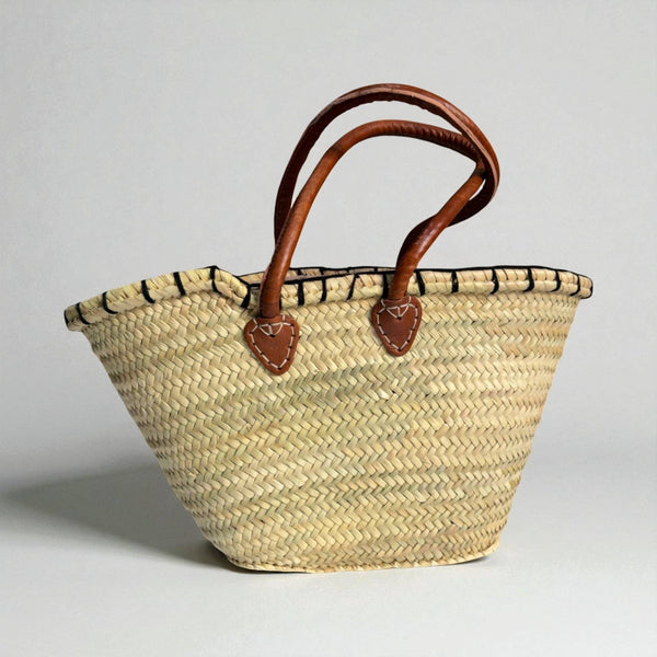 Straw Beach Bag – Woven Market Tote, Leather Handle