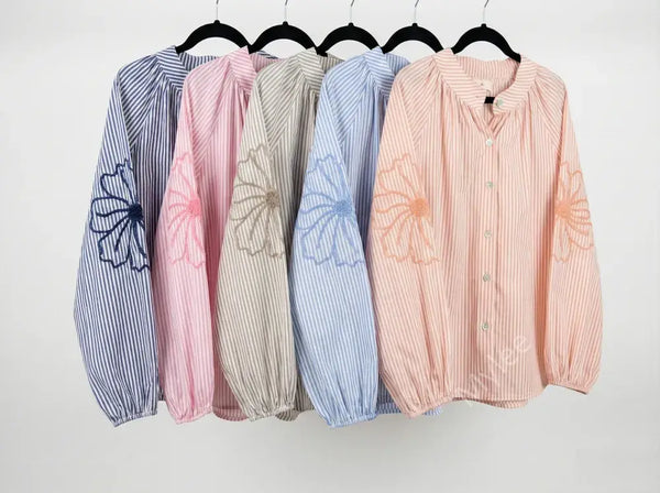 Striped shirt with embroidered sleeves @5901_ChRFleurs: Pale pink