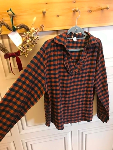Burnt orange and navy gingham barrel trousers