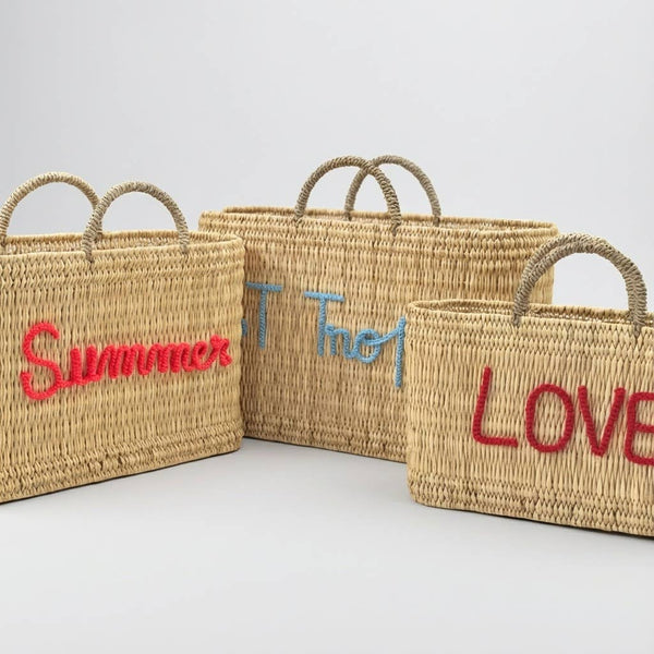 Custom Text Woven Reed Market Basket - Personalized Bag: Medium