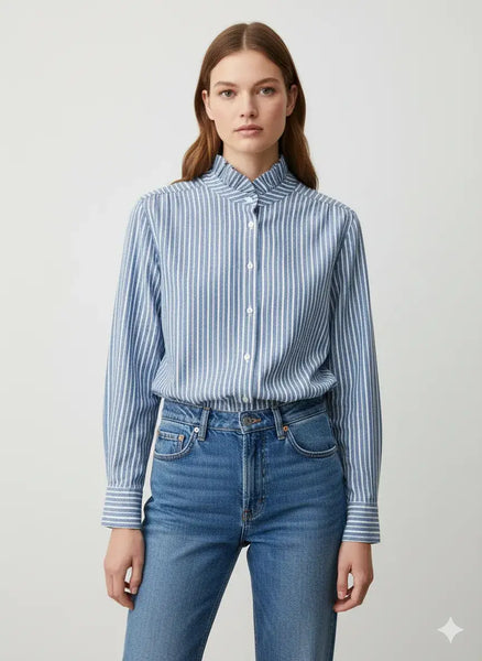 Striped Blouse with Ruffled Collar @69017_ChRColVolante: Jeans