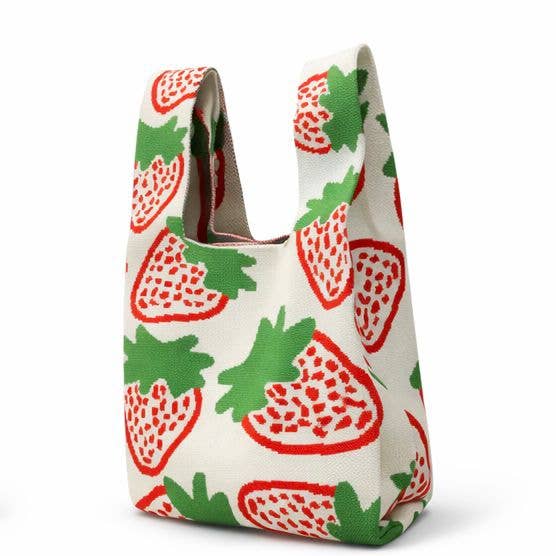 Strawberry Knitted Reusable Market Bag-Tote Bag: Cream / Medium