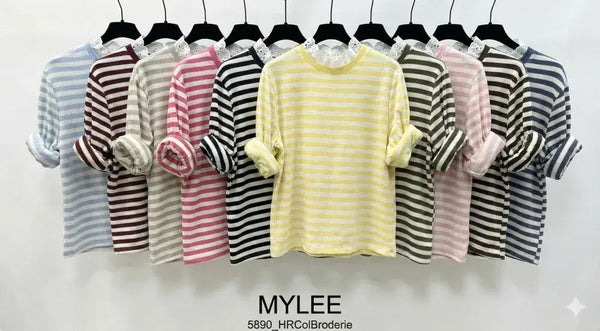 Top with English Embroidery Collar: Pink