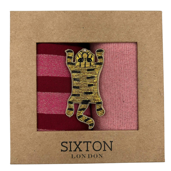 Red Berlin & Tokyo sock box duo with Tiger Body Brooch
