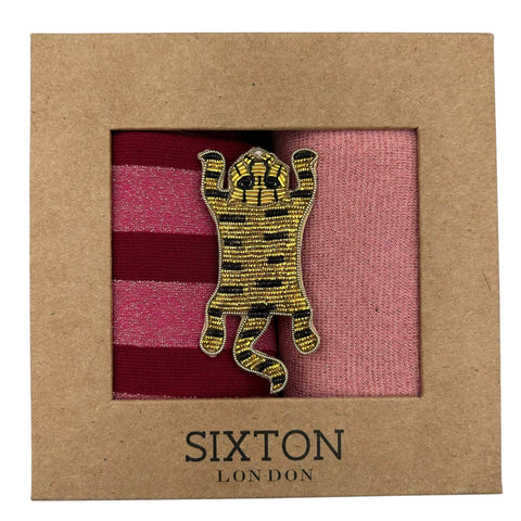 Red Berlin & Tokyo sock box duo with Tiger Body Brooch
