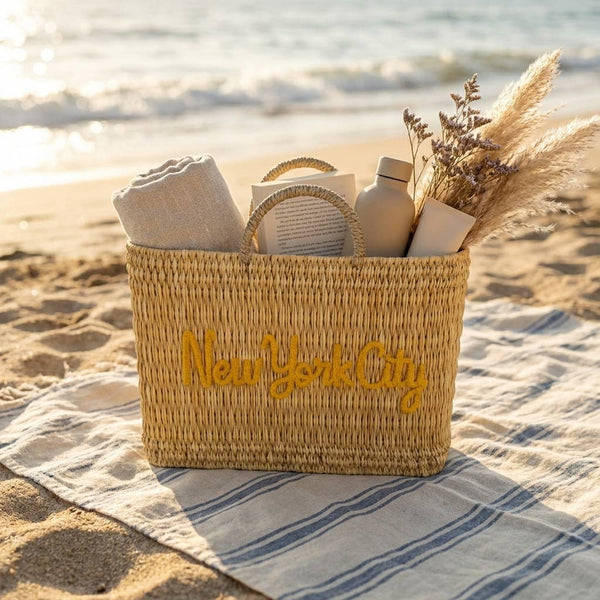 Custom Text Woven Reed Market Basket - Personalized Bag: Medium