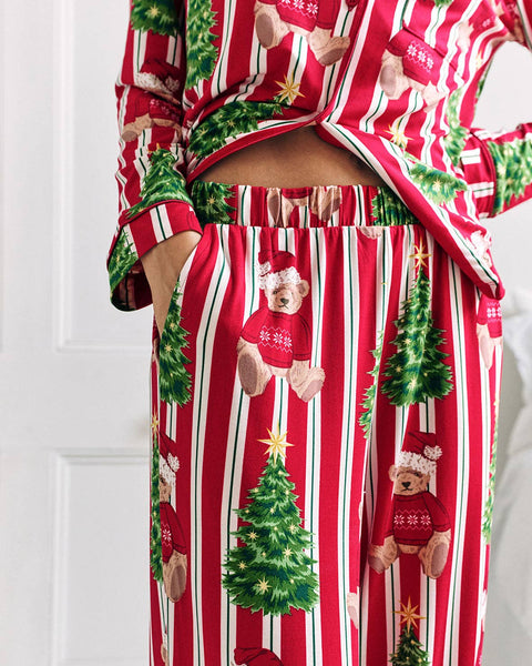 Christmas Teddy Bear Stripe Print Long Pyjama Set: UK 10