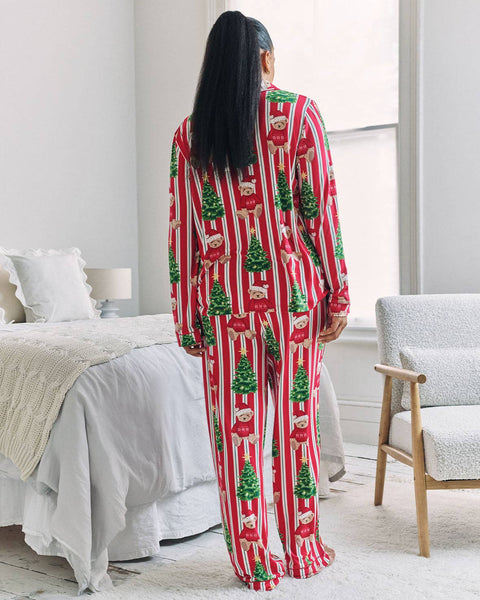 Christmas Teddy Bear Stripe Print Long Pyjama Set: UK 10