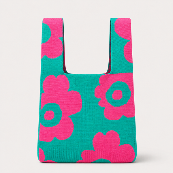 Bold Blooms Floral Knitted Reusable Market Bag-Tote Bag: Green / M