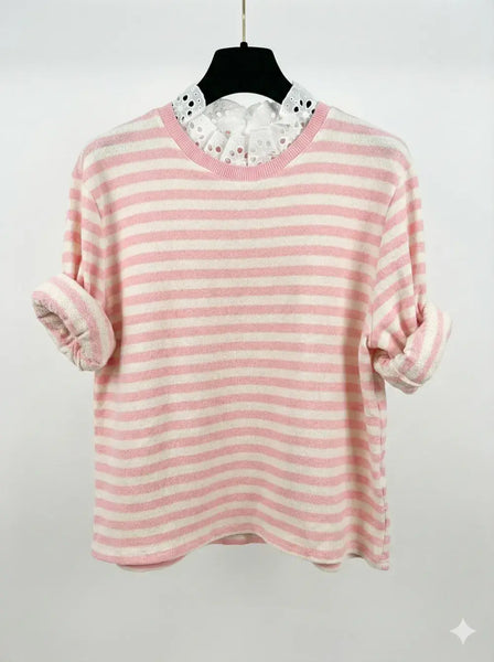Top with English Embroidery Collar: Pink