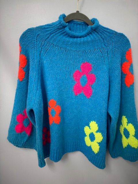 New turquoise multi coloured flower one size jumper