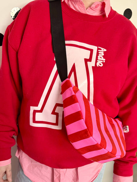 Pink and Red stripes waxed canvas Sling bag