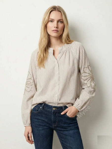 Striped shirt with embroidered sleeves @5901_ChRFleurs: Pale pink