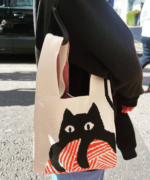 Cat Knitted Reusable Market Bag-Tote Bag-Giftable: Medium