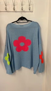 New pale blue multi coloured flower back one size fine knit jumper