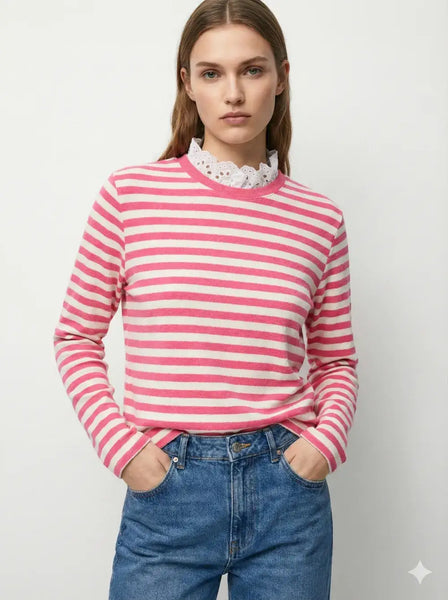 Top with English Embroidery Collar: Pink