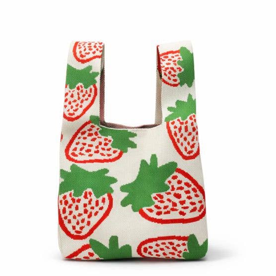 Strawberry Knitted Reusable Market Bag-Tote Bag: Cream / Medium