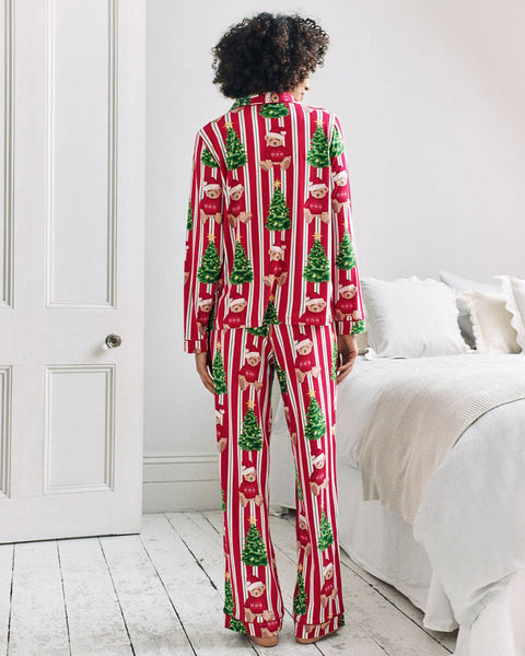 Christmas Teddy Bear Stripe Print Long Pyjama Set: UK 10