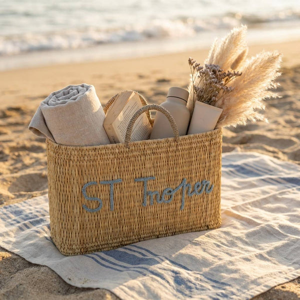 Custom Text Woven Reed Market Basket - Personalized Bag: Medium
