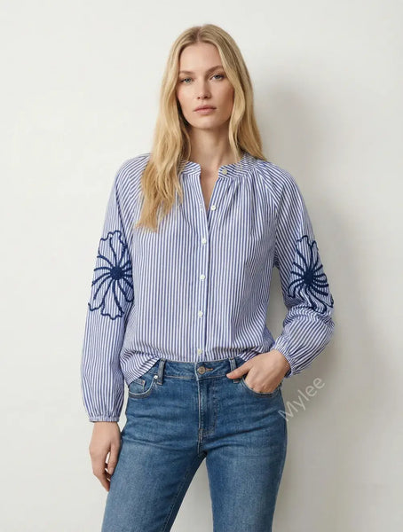 Striped shirt with embroidered sleeves @5901_ChRFleurs: Pale pink