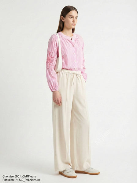 Striped shirt with embroidered sleeves @5901_ChRFleurs: Pale pink