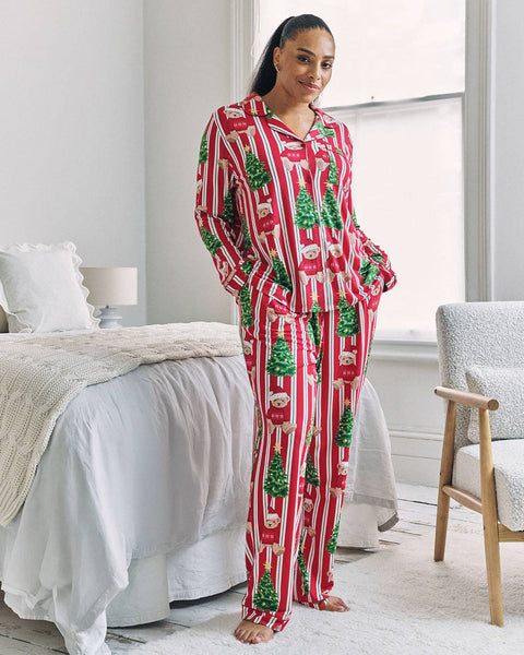 Christmas Teddy Bear Stripe Print Long Pyjama Set: UK 12