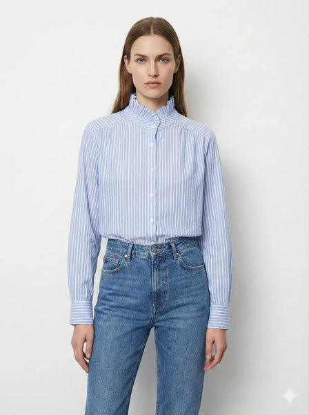 Striped Blouse with Ruffled Collar @69017_ChRColVolante: Jeans