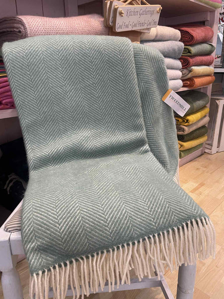 Tweedmill Duck Egg and Cream Fishbone Wool Blanket Throw