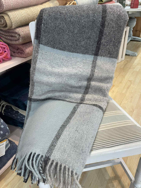 Brand new Tweedmill Block check new duck egg and grey wool throw blanket
