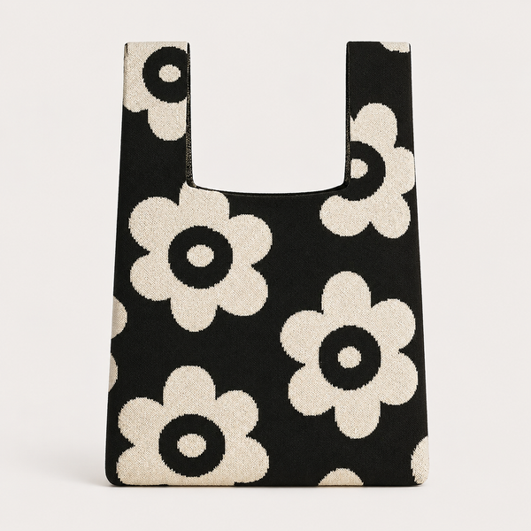 Bold Blooms Floral Knitted Reusable Market Bag-Tote Bag: Green / M