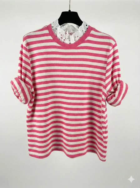 Top with English Embroidery Collar: Pink