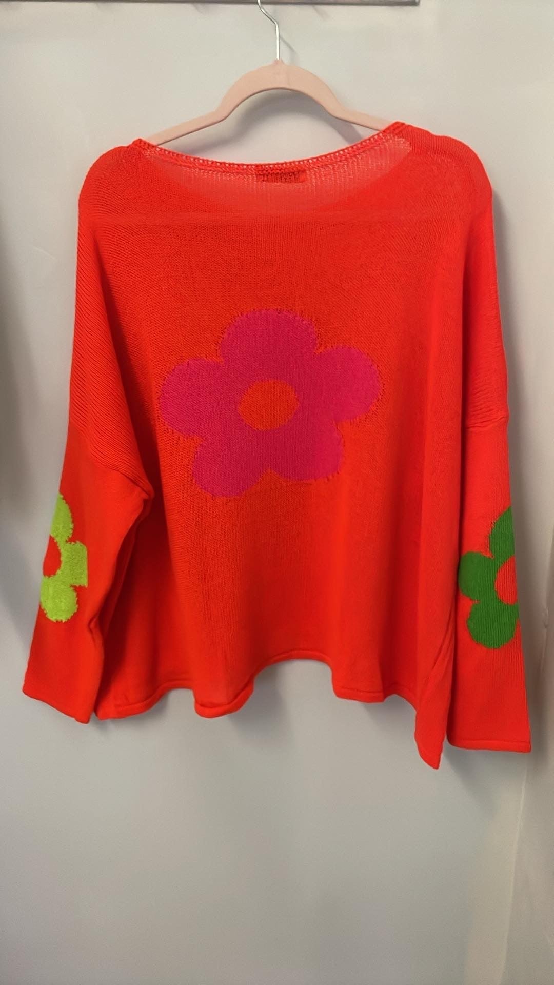 New Orange multi coloured flower back one size fine knit jumper