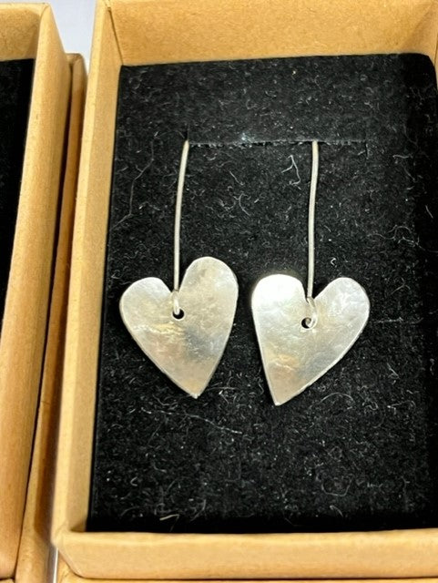 Handmade Cornish sterling silver medium size hammered heart danglies